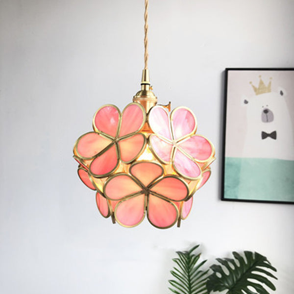 Contemporary Luxury Flower Petal Stained Glass Brass Iron 1-Light Pendant Light For Living Room