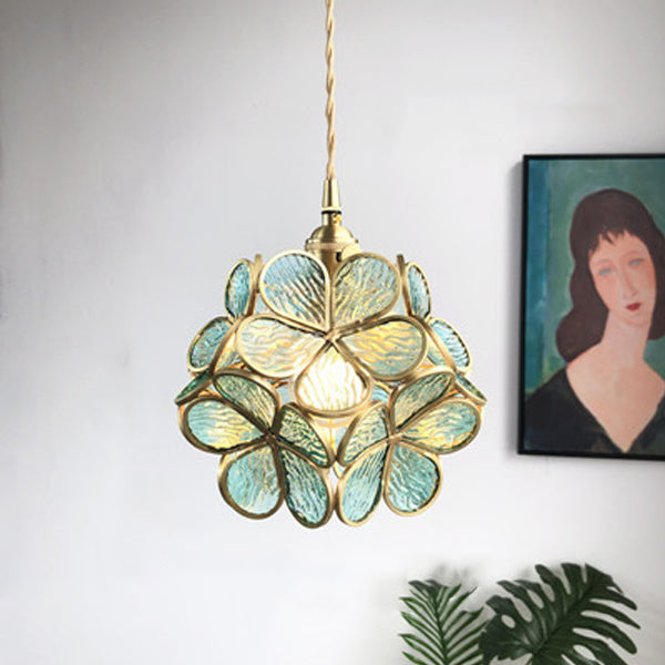 Contemporary Luxury Flower Petal Stained Glass Brass Iron 1-Light Pendant Light For Living Room