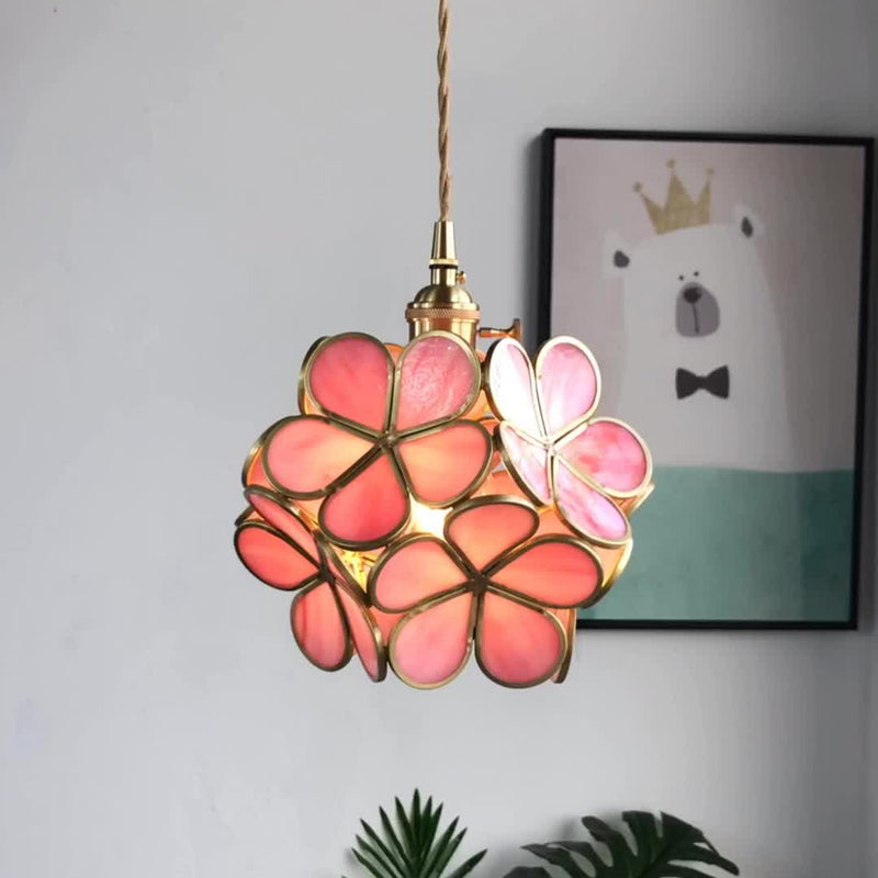 Contemporary Luxury Flower Petal Stained Glass Brass Iron 1-Light Pendant Light For Living Room