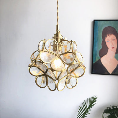 Contemporary Luxury Flower Petal Stained Glass Brass Iron 1-Light Pendant Light For Living Room