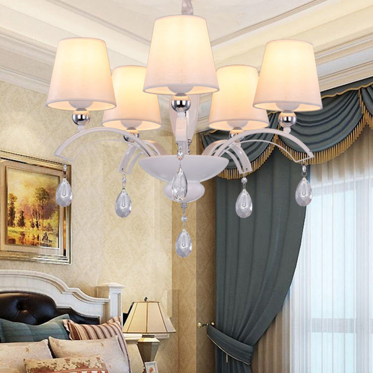 Traditional French Drum Fabric Crystal Iron Branch 5-Light Chandelier For Living Room