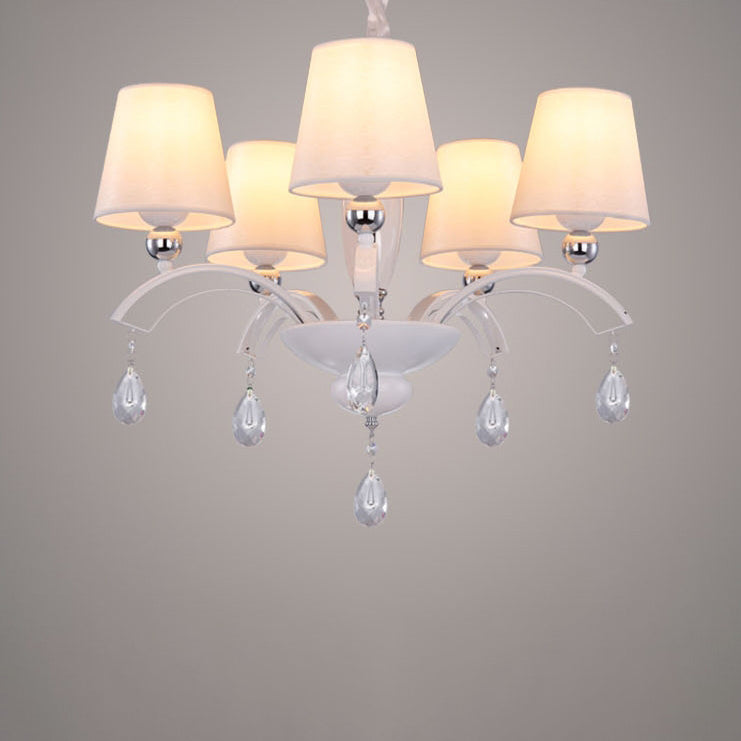 Traditional French Drum Fabric Crystal Iron Branch 5-Light Chandelier For Living Room