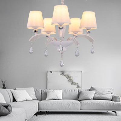 Traditional French Drum Fabric Crystal Iron Branch 5-Light Chandelier For Living Room