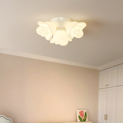 Contemporary Creative Cream Floral Iron PE 3-Light Semi-Flush Mount Ceiling Light For Bedroom