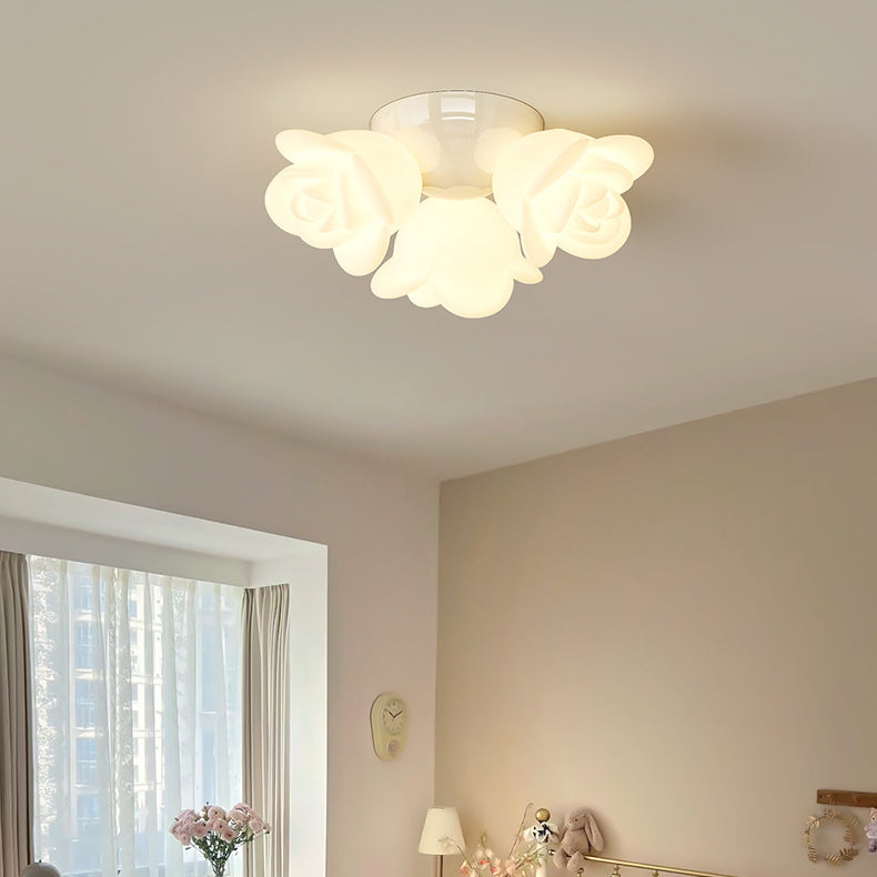 Contemporary Creative Cream Floral Iron PE 3-Light Semi-Flush Mount Ceiling Light For Bedroom