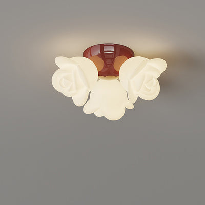 Contemporary Creative Cream Floral Iron PE 3-Light Semi-Flush Mount Ceiling Light For Bedroom