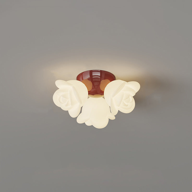 Contemporary Creative Cream Floral Iron PE 3-Light Semi-Flush Mount Ceiling Light For Bedroom