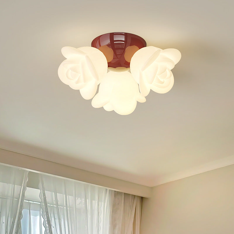 Contemporary Creative Cream Floral Iron PE 3-Light Semi-Flush Mount Ceiling Light For Bedroom