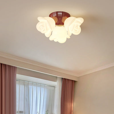 Contemporary Creative Cream Floral Iron PE 3-Light Semi-Flush Mount Ceiling Light For Bedroom