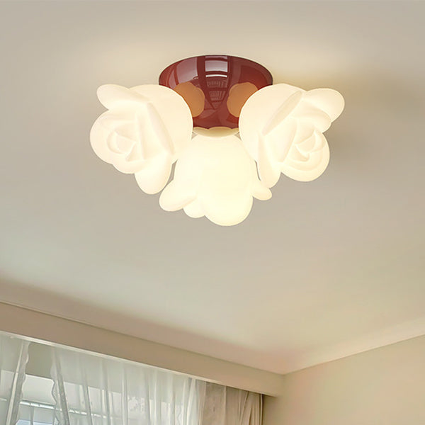 Contemporary Creative Cream Floral Iron PE 3-Light Semi-Flush Mount Ceiling Light For Bedroom