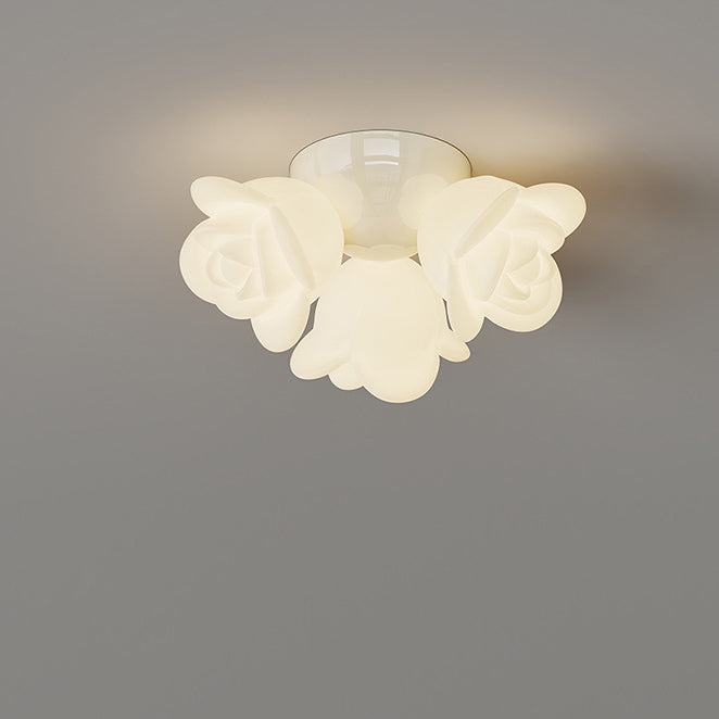 Contemporary Creative Cream Floral Iron PE 3-Light Semi-Flush Mount Ceiling Light For Bedroom