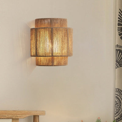 Zeitgenössische Boho Rattan Weben Blütenblatt Schatten 1-Licht Wand Leuchte Lampe für Schlafzimmer 