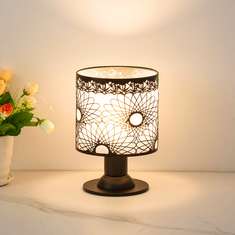 Contemporary Creative Iron Fabric Cylinder Flower Pattern USB LED Table Lamp For Bedroom