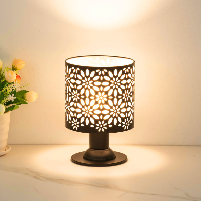 Contemporary Creative Iron Fabric Cylinder Flower Pattern USB LED Table Lamp For Bedroom