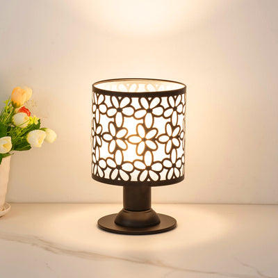 Contemporary Creative Iron Fabric Cylinder Flower Pattern USB LED Table Lamp For Bedroom