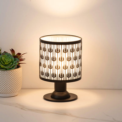 Contemporary Creative Iron Fabric Cylinder Flower Pattern USB LED Table Lamp For Bedroom