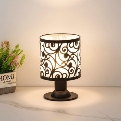 Contemporary Creative Iron Fabric Cylinder Flower Pattern USB LED Table Lamp For Bedroom