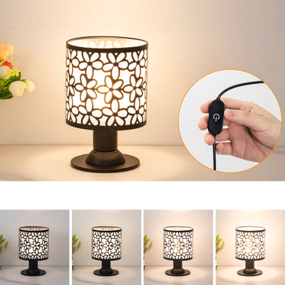 Contemporary Creative Iron Fabric Cylinder Flower Pattern USB LED Table Lamp For Bedroom