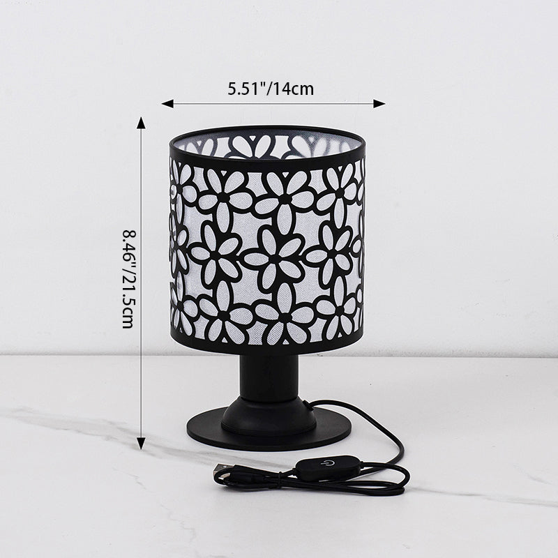 Contemporary Creative Iron Fabric Cylinder Flower Pattern USB LED Table Lamp For Bedroom