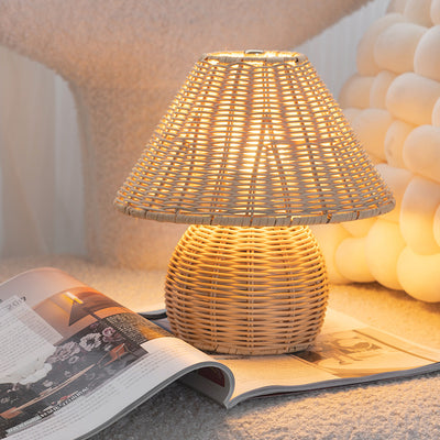 Traditional Japanese Ball Base Cone Shape Bamboo Hemp Rope Iron USB LED Table Lamp For Bedroom