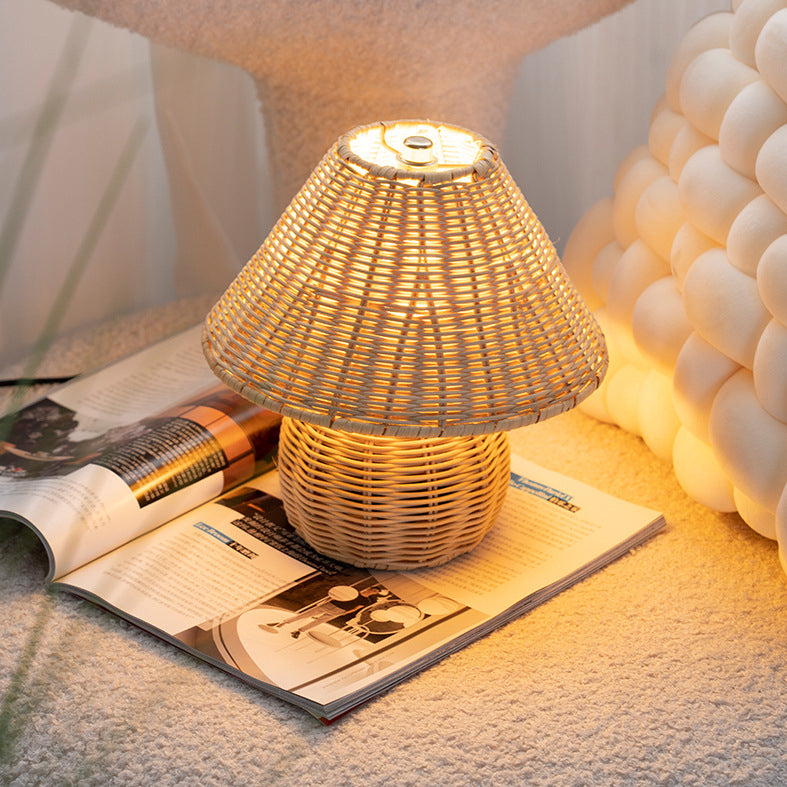 Traditional Japanese Ball Base Cone Shape Bamboo Hemp Rope Iron USB LED Table Lamp For Bedroom