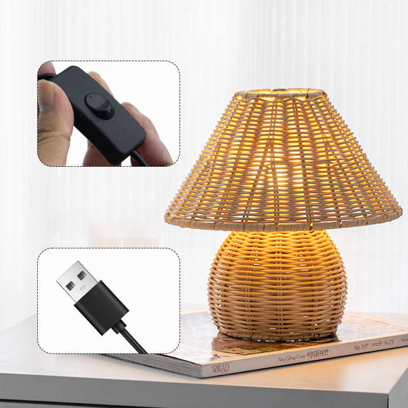 Traditional Japanese Ball Base Cone Shape Bamboo Hemp Rope Iron USB LED Table Lamp For Bedroom