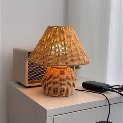 Traditional Japanese Ball Base Cone Shape Bamboo Hemp Rope Iron USB LED Table Lamp For Bedroom