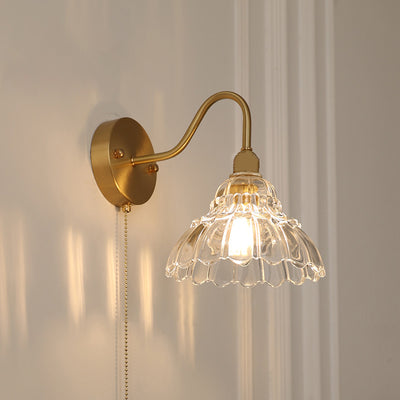 Contemporary Creative Pull Wire Rose Bell Flower Jellyfish Shape Brass Glass 1-Light Wall Sconce Lamp For Bedroom