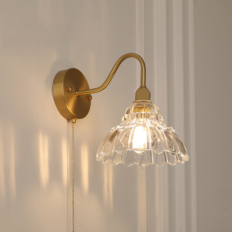 Contemporary Creative Pull Wire Rose Bell Flower Jellyfish Shape Brass Glass 1-Light Wall Sconce Lamp For Bedroom