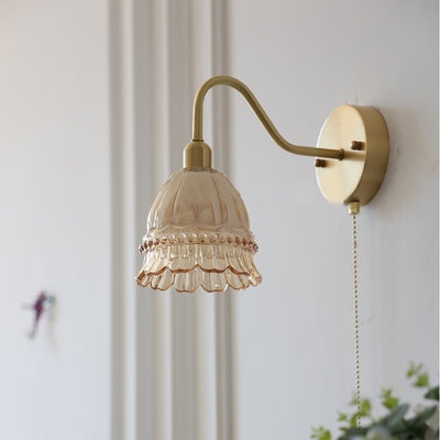 Contemporary Creative Pull Wire Rose Bell Flower Jellyfish Shape Brass Glass 1-Light Wall Sconce Lamp For Bedroom