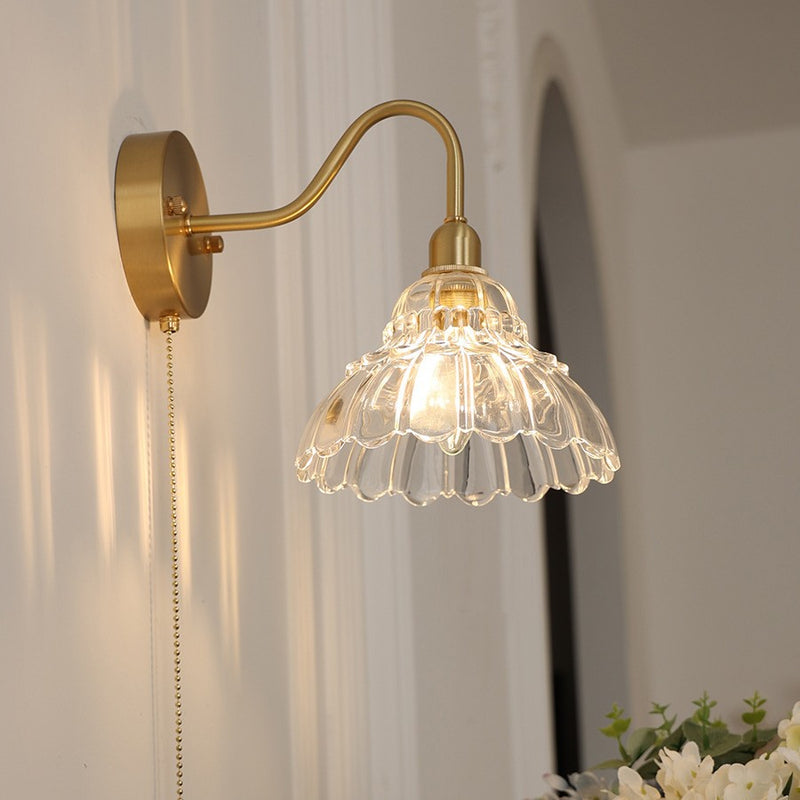 Contemporary Creative Pull Wire Rose Bell Flower Jellyfish Shape Brass Glass 1-Light Wall Sconce Lamp For Bedroom