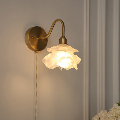 Contemporary Creative Pull Wire Rose Bell Flower Jellyfish Shape Brass Glass 1-Light Wall Sconce Lamp For Bedroom