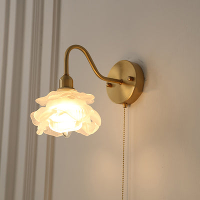 Contemporary Creative Pull Wire Rose Bell Flower Jellyfish Shape Brass Glass 1-Light Wall Sconce Lamp For Bedroom