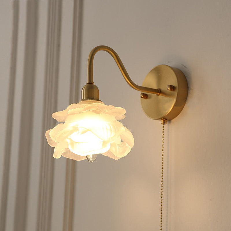 Contemporary Creative Pull Wire Rose Bell Flower Jellyfish Shape Brass Glass 1-Light Wall Sconce Lamp For Bedroom