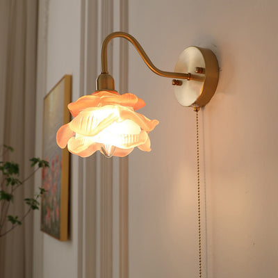 Contemporary Creative Pull Wire Rose Bell Flower Jellyfish Shape Brass Glass 1-Light Wall Sconce Lamp For Bedroom