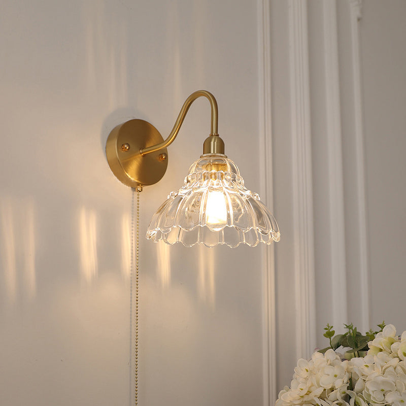 Contemporary Creative Pull Wire Rose Bell Flower Jellyfish Shape Brass Glass 1-Light Wall Sconce Lamp For Bedroom