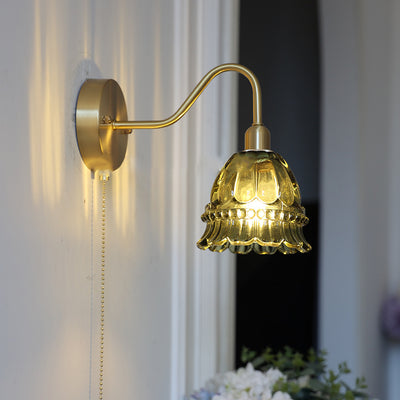 Contemporary Creative Pull Wire Rose Bell Flower Jellyfish Shape Brass Glass 1-Light Wall Sconce Lamp For Bedroom