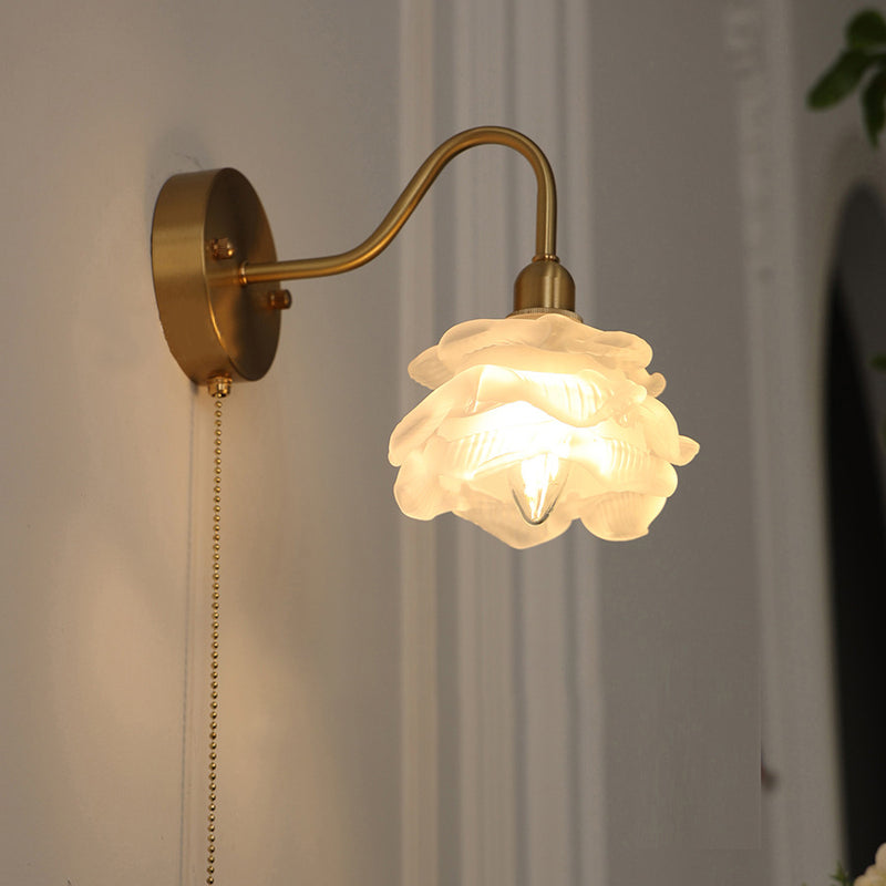 Contemporary Creative Pull Wire Rose Bell Flower Jellyfish Shape Brass Glass 1-Light Wall Sconce Lamp For Bedroom