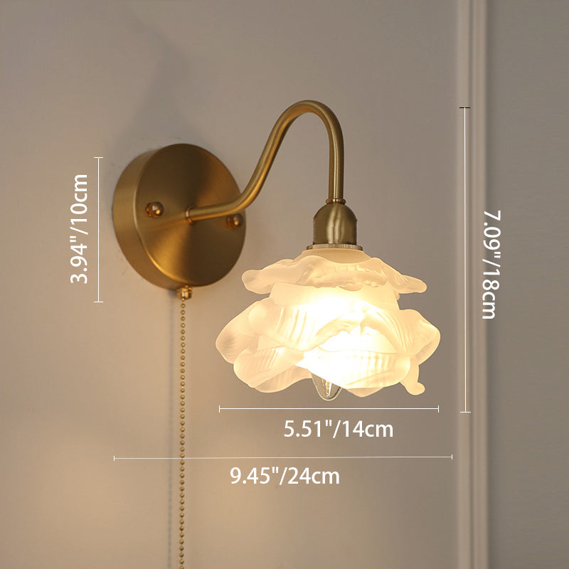 Contemporary Creative Pull Wire Rose Bell Flower Jellyfish Shape Brass Glass 1-Light Wall Sconce Lamp For Bedroom