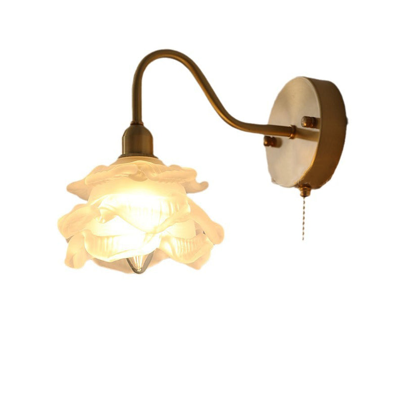 Contemporary Creative Pull Wire Rose Bell Flower Jellyfish Shape Brass Glass 1-Light Wall Sconce Lamp For Bedroom