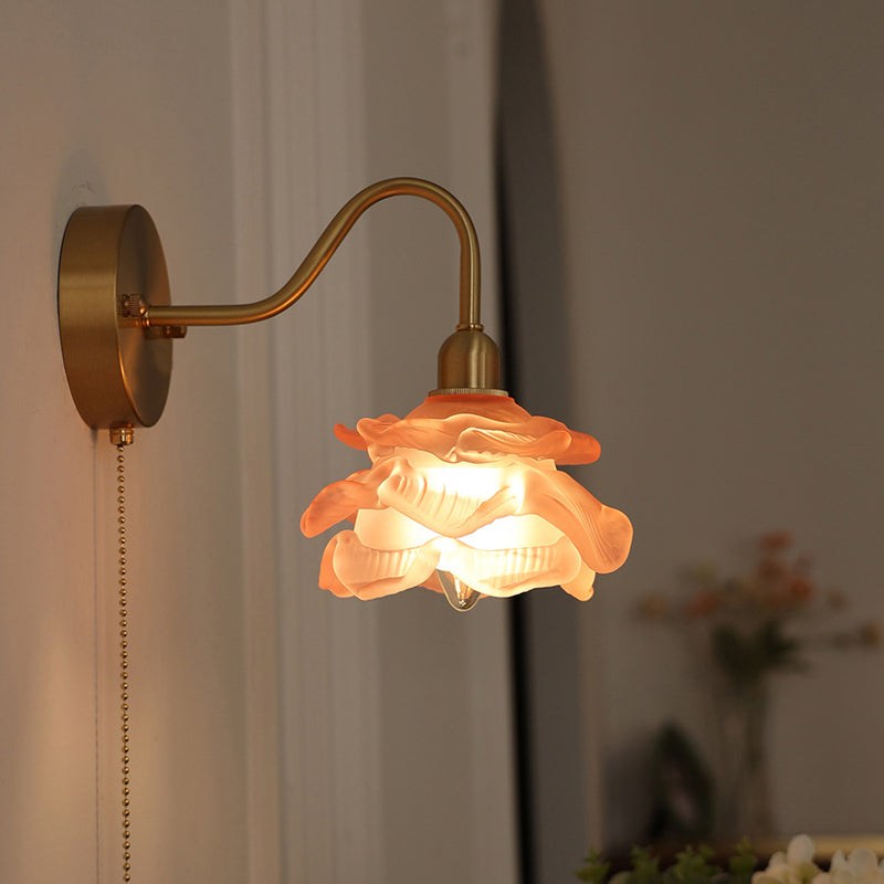 Contemporary Creative Pull Wire Rose Bell Flower Jellyfish Shape Brass Glass 1-Light Wall Sconce Lamp For Bedroom