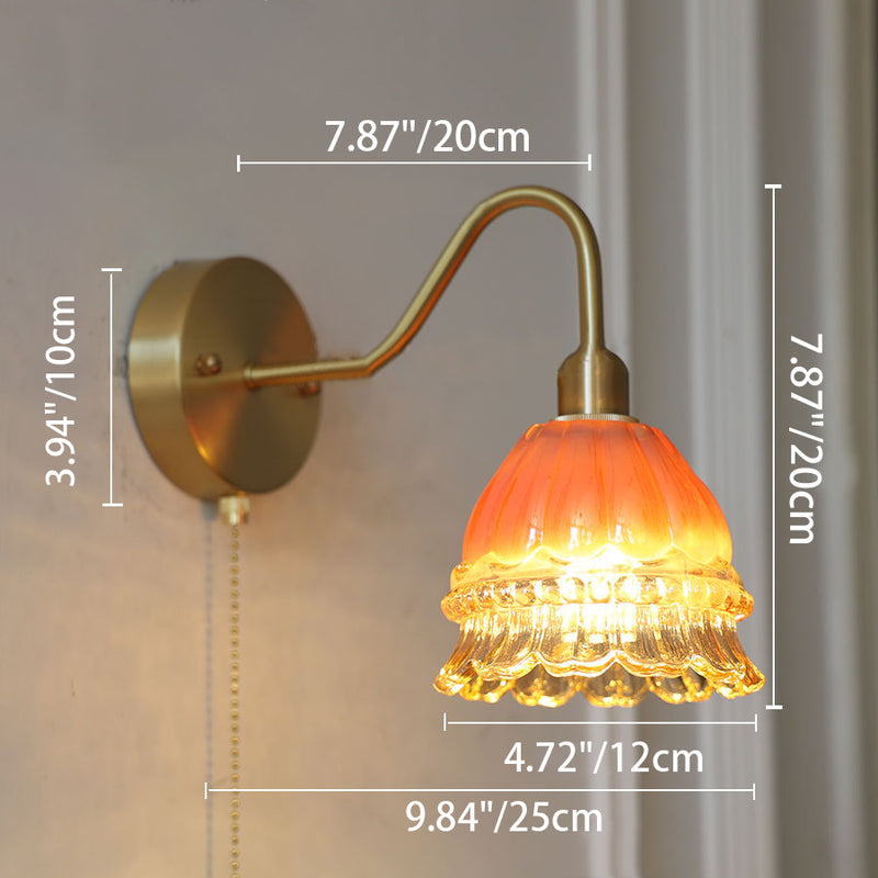 Contemporary Creative Pull Wire Rose Bell Flower Jellyfish Shape Brass Glass 1-Light Wall Sconce Lamp For Bedroom