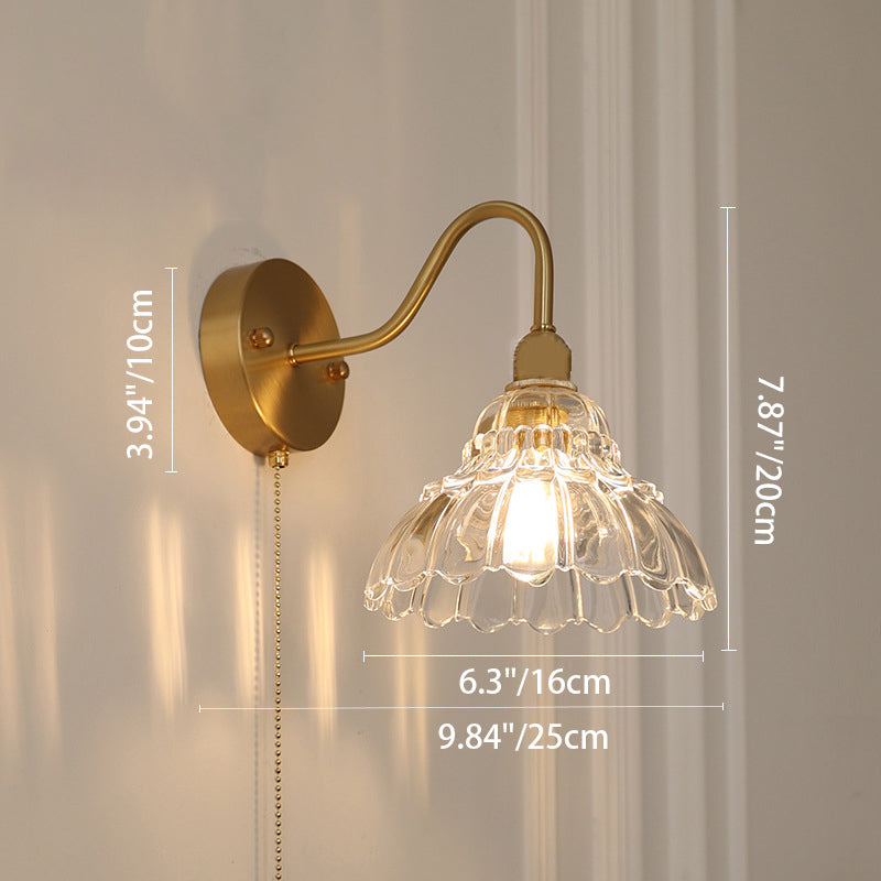 Contemporary Creative Pull Wire Rose Bell Flower Jellyfish Shape Brass Glass 1-Light Wall Sconce Lamp For Bedroom