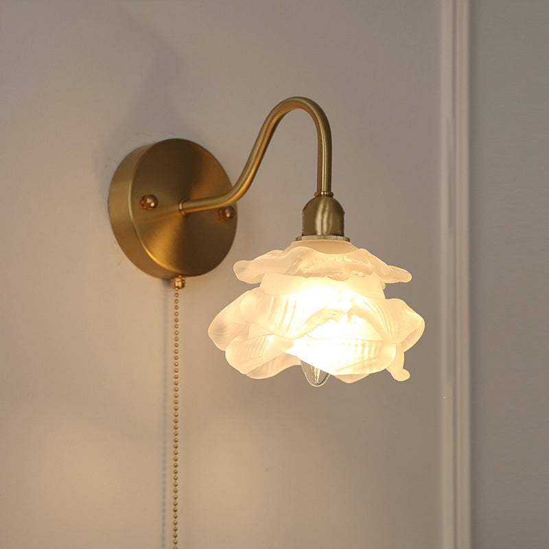 Contemporary Creative Pull Wire Rose Bell Flower Jellyfish Shape Brass Glass 1-Light Wall Sconce Lamp For Bedroom