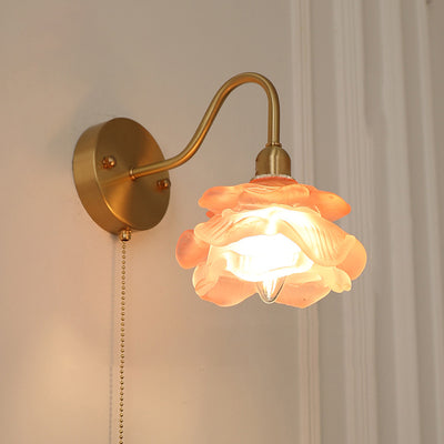 Contemporary Creative Pull Wire Rose Bell Flower Jellyfish Shape Brass Glass 1-Light Wall Sconce Lamp For Bedroom