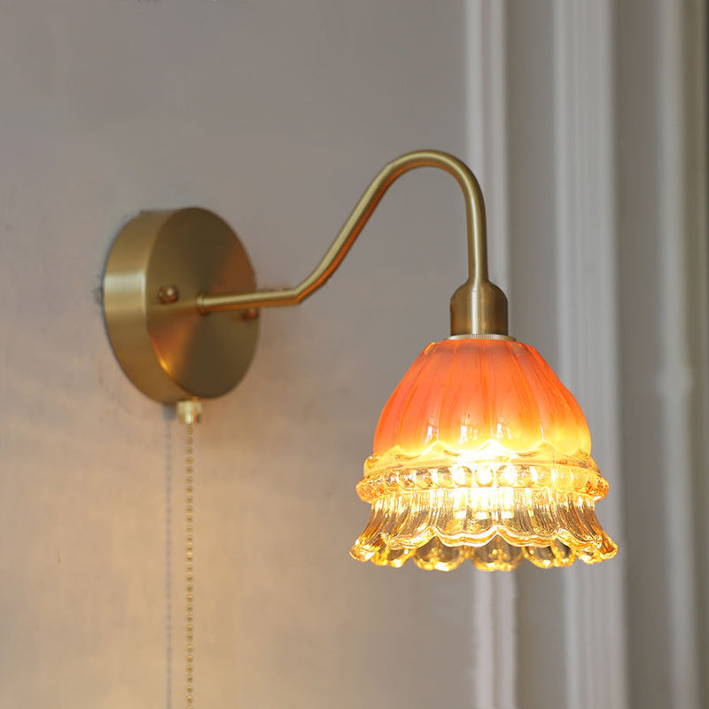 Contemporary Creative Pull Wire Rose Bell Flower Jellyfish Shape Brass Glass 1-Light Wall Sconce Lamp For Bedroom