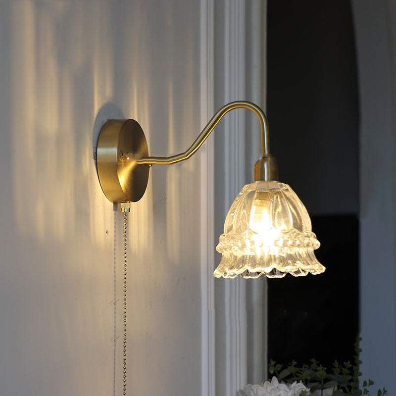 Contemporary Creative Pull Wire Rose Bell Flower Jellyfish Shape Brass Glass 1-Light Wall Sconce Lamp For Bedroom