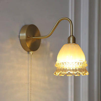 Contemporary Creative Pull Wire Rose Bell Flower Jellyfish Shape Brass Glass 1-Light Wall Sconce Lamp For Bedroom