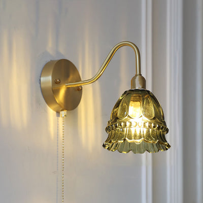 Contemporary Creative Pull Wire Rose Bell Flower Jellyfish Shape Brass Glass 1-Light Wall Sconce Lamp For Bedroom