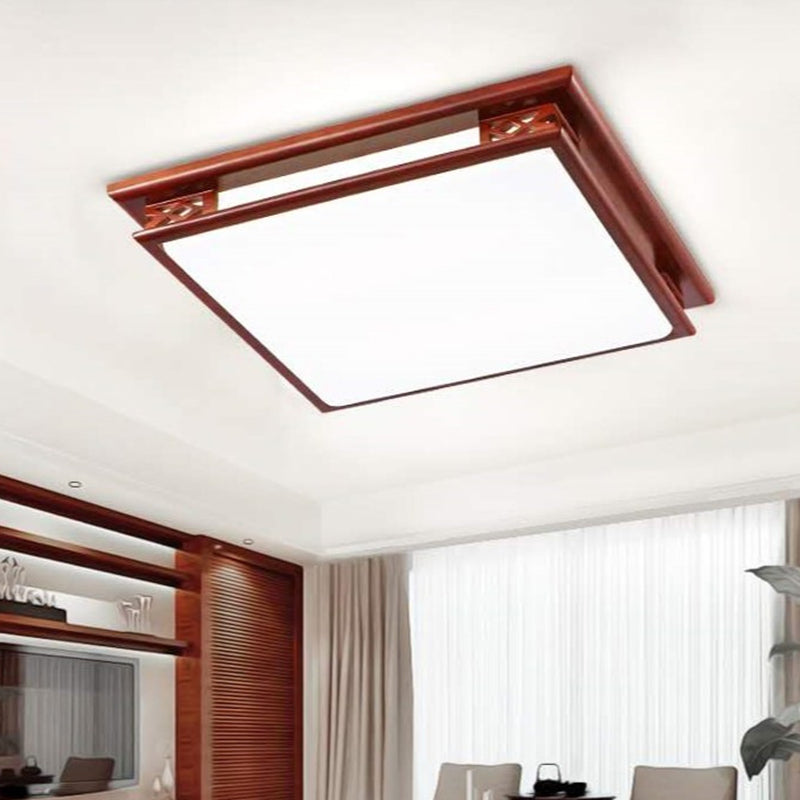 Traditional Chinese Square Solid Wood Acrylic Shade LED Flush Mount Ceiling Light For Bedroom